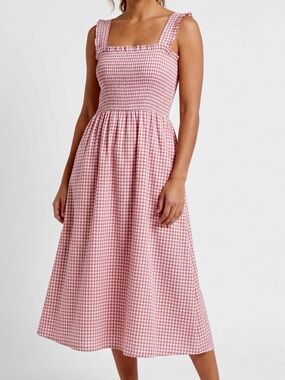 BAILEYS BLOSSOMS Smocked Pink Mauve Gingham Midi Dress